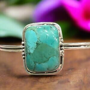Square Green/Blue Turquoise Cuff 925 Silver Bracelet 1” Adjustable